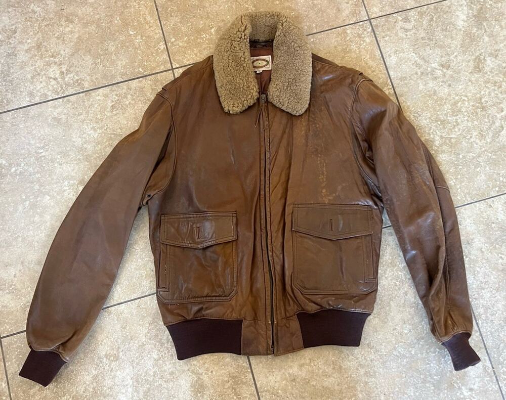 1980s Banana Republic Vintage Leather Flight Jacket Brown Shearling Collar 44